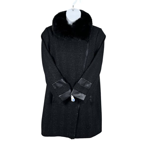 Via Spiga Women 16W Black Wool Blend Faux Fur Collar Asymmetrical Coat Old Money - Picture 3 of 16